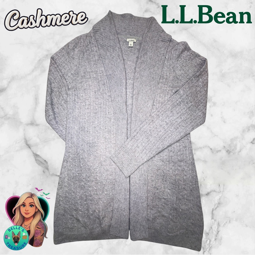 L.L.Bean 100% Cashmere Knit Shawl Collar Open Long Cardigan Sweater‎ Grey Large